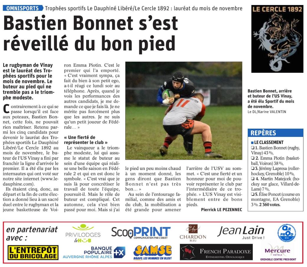 Actu - Bastien Bonnet remporte le troph&eacute;e du sportif du mois de n